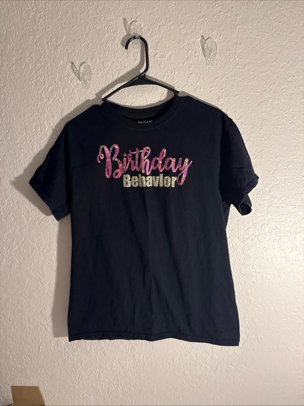 Gildan Black Tee with Pink and Gold Glitter "Birthday Behavior" Graphic